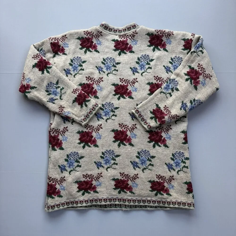Y2K Vintage Sweater Dana Scott Womens Large Roses Cottagecore Granny Shabby Chic - Picture 3 of 9